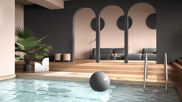 Sala de estar minimalista en tonos grises, hall, espacio abierto con suelo de parquet de roble con escaleras, arcos, sofá, alfombras y plantas en maceta, piscina, diseño interior contemporáneo
 - Foto, Imagen