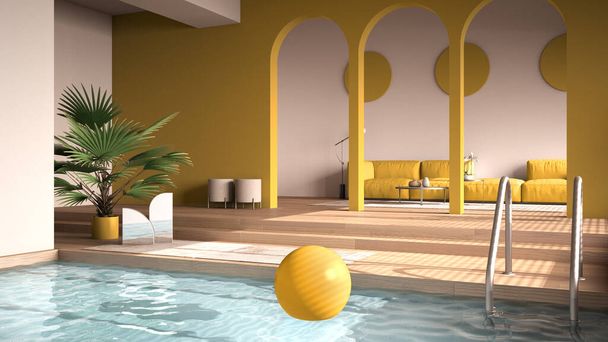 Minimalist colored living room in yellow tones, open space with parquet oak floor with steps, archways, sofa, carpets and potted plants, swimming pool, contemporary interior design - Photo, Image