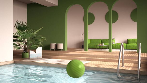 緑の色調でミニマルな色のリビングルーム、階段、アーチ、ソファ、カーペットや鉢植え、スイミングプール、現代的なインテリアデザインの寄木細工の床とオープンスペース - 写真・画像