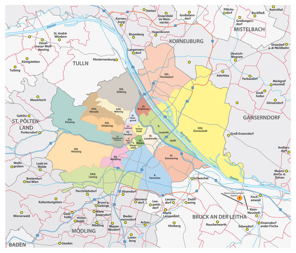 Strassen- und Verwaltungsvektorkarte der Stadt Wien und ihrer umliegenden Gemeinden - Vektor, Bild