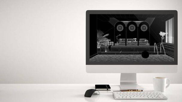 Architect house project concept, desktop computer on white background, work desk showing CAD sketch, modern living room with sofa and swimming pool interior design - 写真・画像