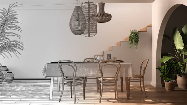 Architect interior designer concept: unfinished project that becomes real, retro dining room with table and chairs, breakfast buffet, archways with potted plants, minimal staircase - Photo, Image