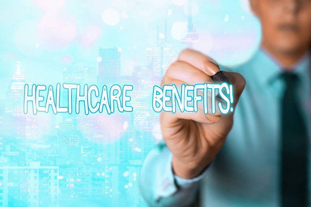 Письменный текст Healthcare Benefits Концепция ведения бизнеса для ежемесячной справедливой рыночной оценки предоставлена зависимым работникам
. - Фото, изображение