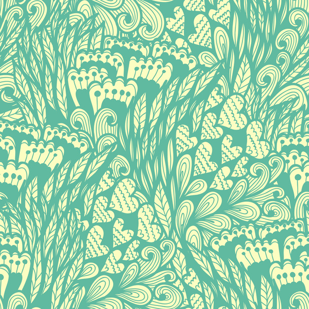 Seamless vintage blue pattern with flowers and hearts - Вектор,изображение