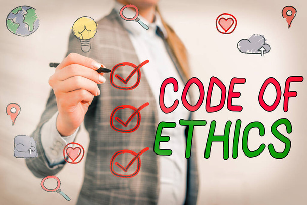 Writing note showing Code Of Ethics. Business photo showcasing basic guide for professional conduct and imposes duties. - Photo, Image