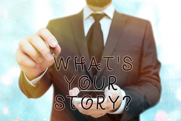 Käsiala teksti Mikä on Storyquestion. Käsitteen merkitys tapa kysyä osoittaa menneistä elämäntapahtumista
. - Valokuva, kuva