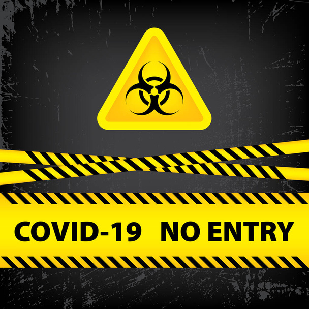 Bakteriológiai veszélyt jelző jel és nincs belépés COVID-19. Koncepciója bakteriológiai veszély coronavirus. Sárga szalag szöveggel COVID-19 Nincs bejegyzés a weboldal tervezéséhez, logójához, alkalmazásához. EPS 10. - Vektor, kép