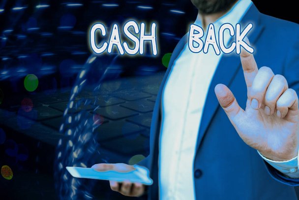 Conceptual hand writing showing Cash Back. Business photo showcasing denoting a form of incentive offered to buyers of certain products. - Photo, Image