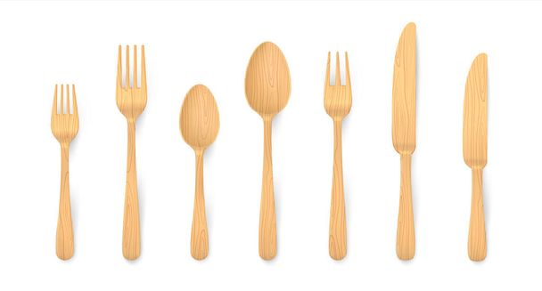 Cubiertos de madera realistas. Tenedores de bambú biodegradables, cucharas y cuchillos hechos de material natural reutilizable. Vector 3D eco madera aislado conjunto
 - Vector, Imagen
