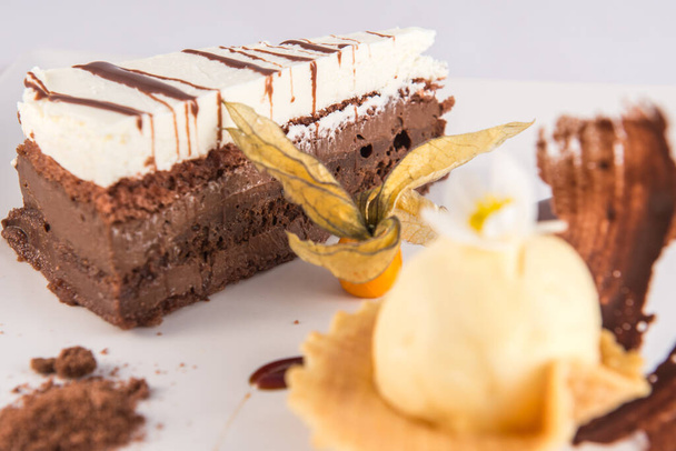 Piatto di torta al cioccolato con uno scoop di gelato alla vaniglia e una physalis
. - Foto, immagini