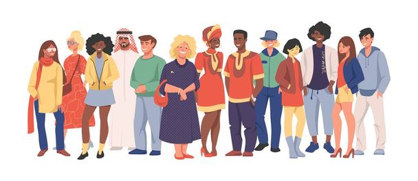 多文化チーム。カジュアルな服を一緒に立って、さまざまな国籍の漫画の文字の異なる人々のグループ。ベクトル男性と女性セット - ベクター画像