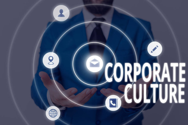 Signo de texto mostrando Cultura Corporativa. Valores y actitudes conceptuales que caracterizan a una empresa
. - Foto, Imagen