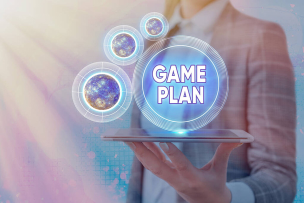 Conceptual hand writing showing Game Plan. Business photo showcasing strategy worked out in advance in sport politics or business Elements of this image furnished by NASA. - Photo, Image