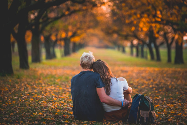 Man and woman in love together in autumn nature, trees alley. Photo with vintage soft orange color. Blurred background, copy space. Autumn, date, valentine concept photo. - Photo, Image