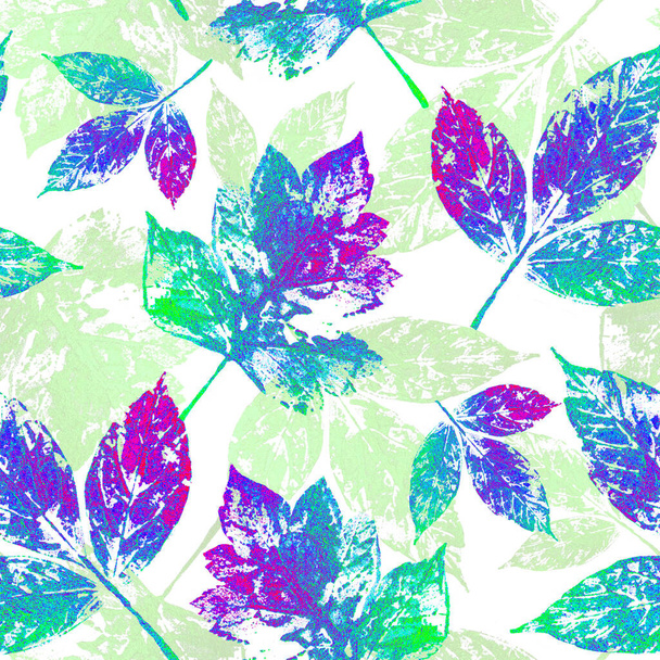 Floral seamless pattern with green and blue leaves on white. Hand drawn style. Colourful background for cards, paper, textile, decoration and wrapping. - Foto, Bild
