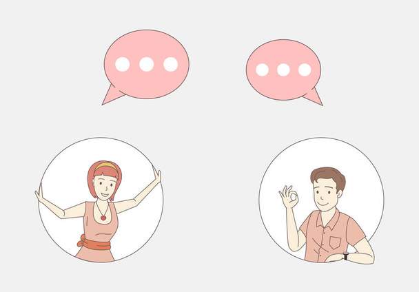Woman and man exchanging messages vector cartoon outline illustration. Friends, colleagues, office workers conversation. - Вектор, зображення