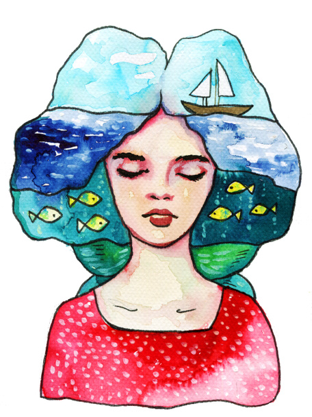 Surreal and colorful watercolor portrait of a woman. - Photo, Image