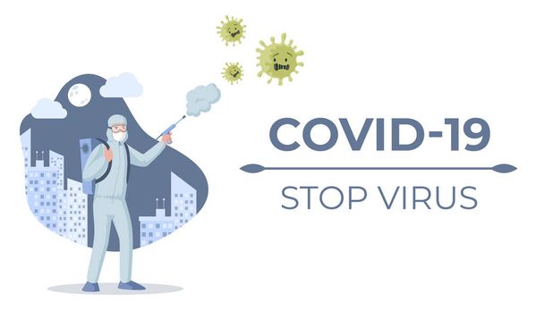 Covid-19, stop virus poster concept. Medical worker fighting coronavirus outdoor vector flat illustration. - Вектор, зображення
