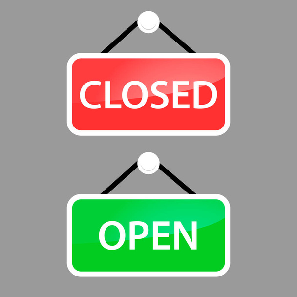 Otevřená a zavřená ikona, visící Obdélníková dveřní značka s textem otevřeným a zavřeným v zelené, červené, černé a bílé na tabuli, vektorové eps 10 piktogram - Vektor, obrázek
