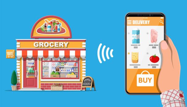 Hand holding smartphone with food shopping app - Vektor, kép