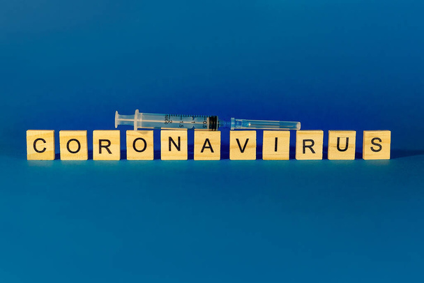 Concept Coronavirus. Prevent or stop the spread of the COVID-19 worldwide. Letters on blue background - Foto, Bild
