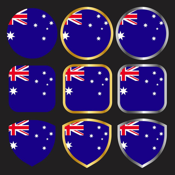 australia flag vector icon set with gold and silver border - Vector, Image