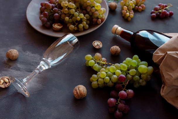 Romantic dinner red wine and grapes top view - 写真・画像