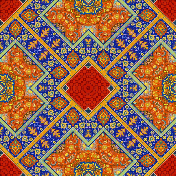 Seamless background pattern. Will tile endlessly. Orange patchwork with ornament - Vector, Image