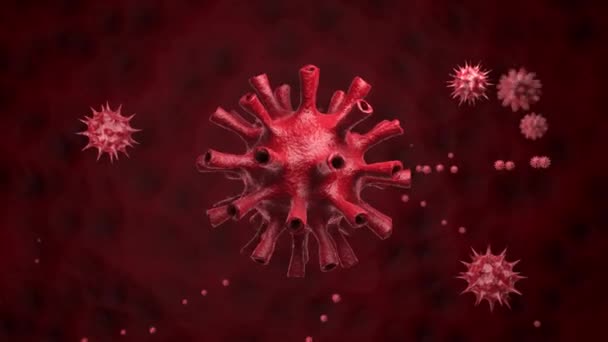 3D animation ενός κόκκινου ιού με σωλήνες από τους οποίους οι σπόροι της νόσου πετούν έξω. Η ιδέα της μόλυνσης με covid-19 coronavirus, ο κίνδυνος εξάπλωσης της λοίμωξης - Πλάνα, βίντεο