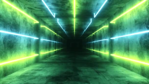 Flying in an abstract blue and green futuristic interior. Corridor with neon luminous fluorescent lamps turned on. Futuristic architecture background. Box with a concrete wall. Seamless loop 3d render - Footage, Video