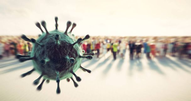 Lidé se brání před virem, koronavirem. Buňky útočí na lidi, kteří způsobují pandemii. 3D vykreslení - Fotografie, Obrázek