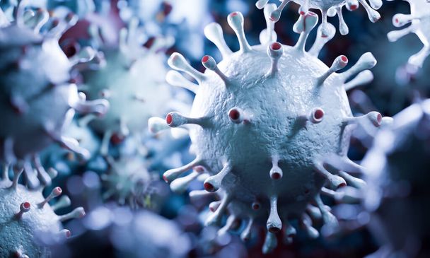 Mikroskobik görüntüde Coronavirus hücreleri. Wuhan virüsü tüm dünyada salgına neden oluyor. 3 Boyutlu Hazırlama - Fotoğraf, Görsel
