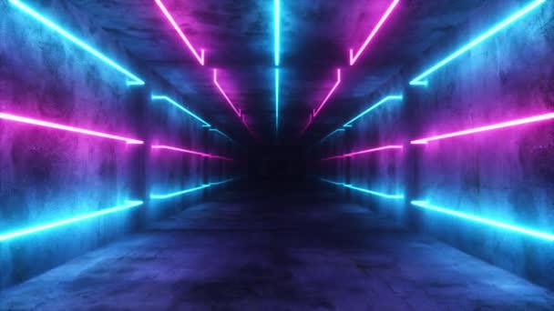 Flying in an abstract blue futuristic interior. Corridor with neon luminous fluorescent lamps turned on. Futuristic architecture background. Box with a concrete wall. Seamless loop 3d render - Footage, Video