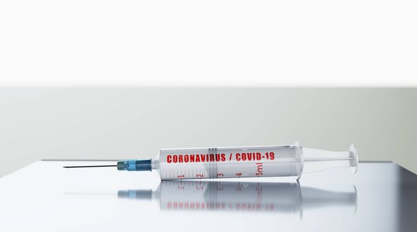 コロナウイルスワクチン。白いテーブルの上に輝く。武漢からのウイルスはパンデミックを引き起こした。3Dレンダリング - 写真・画像