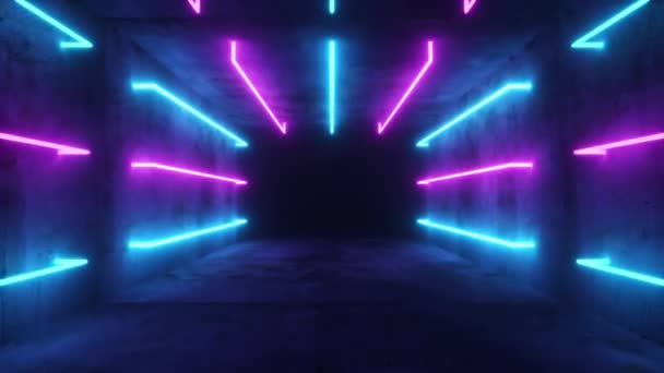 Летит в абстрактном синем и фиолетовом футуристическом интерьере. Коридор с неоновыми люминесцентными лампами включён. Футуристический архитектурный фон. Бетонная стена. Бесшовный трехмерный рендер
 - Кадры, видео