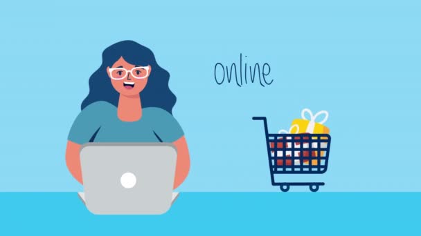 Nainen, joka käyttää kannettavaa tietokonetta ostoskorilla verkkokaupoissa
 - Materiaali, video