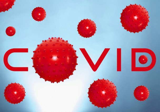 Modèle abstrait de souche virale du coronavirus MERS-Cov ou du coronavirus du syndrome respiratoire du Moyen-Orient et du nouveau coronavirus 2019-nCoV avec texte sur fond bleu. Concept de protection contre la pandémie de virus - Photo, image