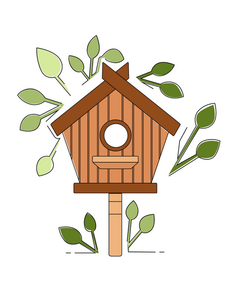 Κουτί φωλιάσματος σε ξύλινο κοντάρι ξύλινο σπιτάκι πουλιών επίπεδη διανυσματική απεικόνιση σε λευκό φόντο με πράσινα φύλλα. - Διάνυσμα, εικόνα