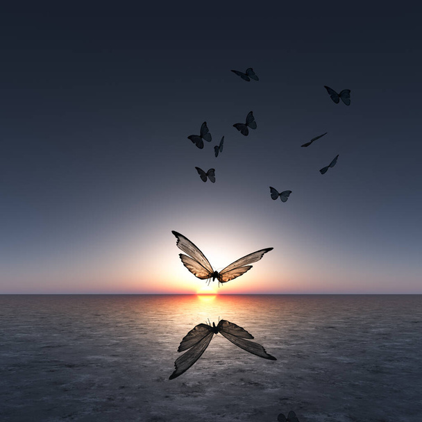 Un enjambre de mariposas sobre un fondo de salida del sol, Ilustración 3D
. - Foto, Imagen