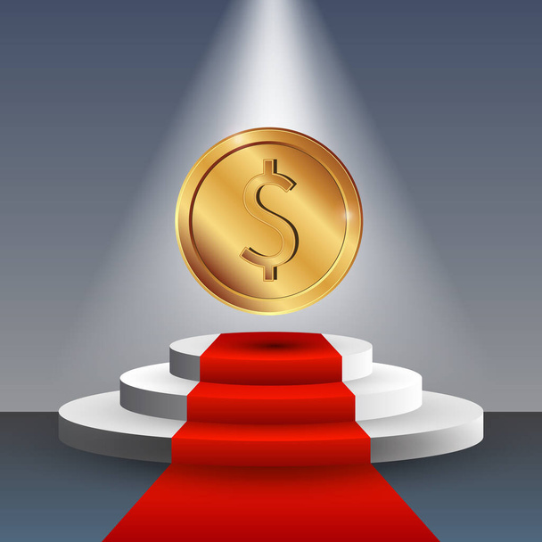 3D podium with the red carpet. Golden 3d Dollar coin. Vector Money on the stage. - Vector, Image