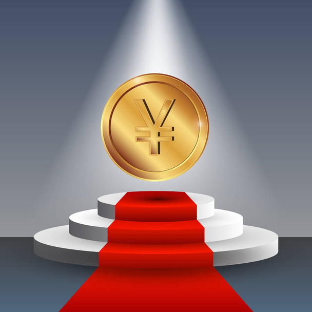 3D podium with the red carpet. Golden 3d Yuan coin. Vector Money on the stage. - Vector, Image