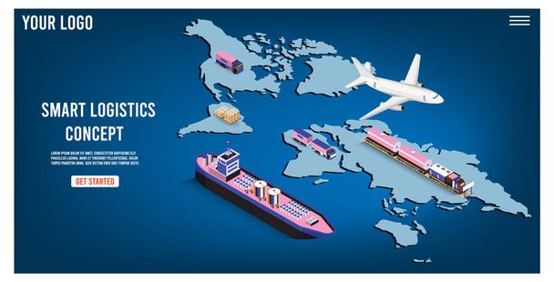 Conceito isométrico de serviço logístico global moderno com exportação, importação, negócios de armazém, transporte. Ilustração vetorial
 - Vetor, Imagem