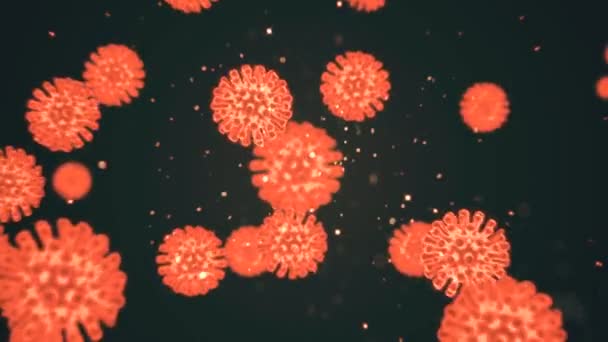 Elektronenmikroskopische Vergrößerung von Coronavirus covid19 Zellen. Orangefarbene Viruszellen bewegen sich im Hintergrund des schwarzen Raums. 3D-Rendering-Schleifen-Animation in 4K. - Filmmaterial, Video