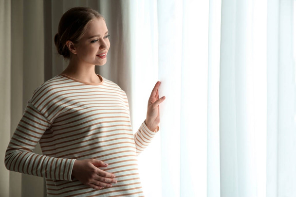 Молода вагітна жінка біля вікна вдома. Простір для тексту
 - Фото, зображення