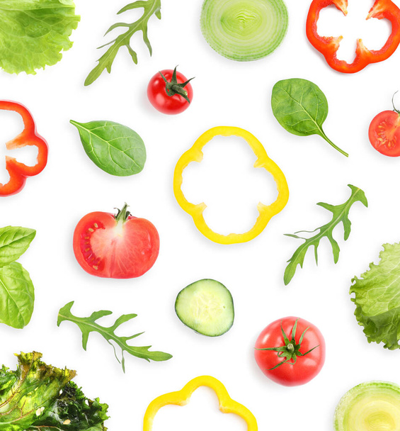 Set of different vegetables on white background, top view. Fresh ingredients for salad - Photo, image