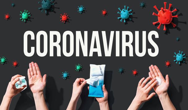 Coronavirus theme with viral and hygiene objects - Фото, изображение