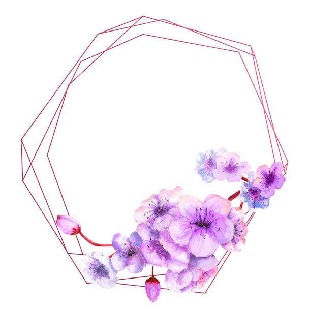 Cherry blossom, cherry blossom Branch with bright pink flowers on a geometric frame on an isolated white background. Image of spring. Watercolor illustration. - 写真・画像