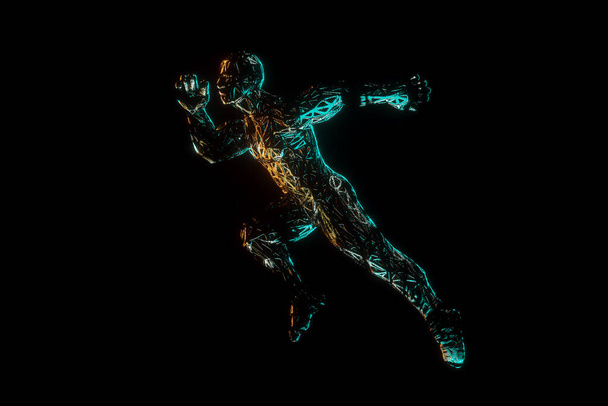 Sports background, a figure of a man in a running pose, on a neon background, dark background. Sports training, healthy lifestyle, competition, 3D render, 3D illustration, copy space - Foto, Imagen