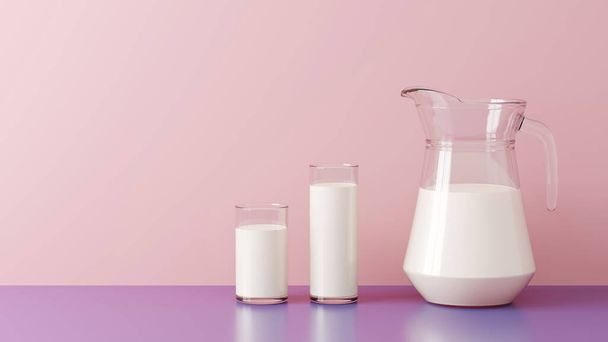 Milch in zwei Gläsern und Milchkanne. Milchprodukte. 3D-Illustration - Foto, Bild