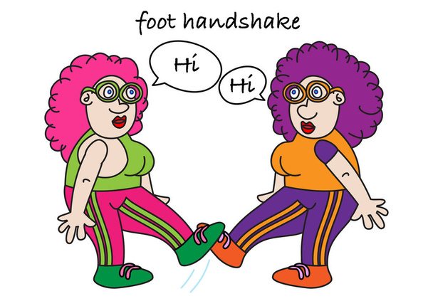 funny foot handshake alternative avoid hand contact coronavirus disease infection prevention vector illustration - Вектор, зображення